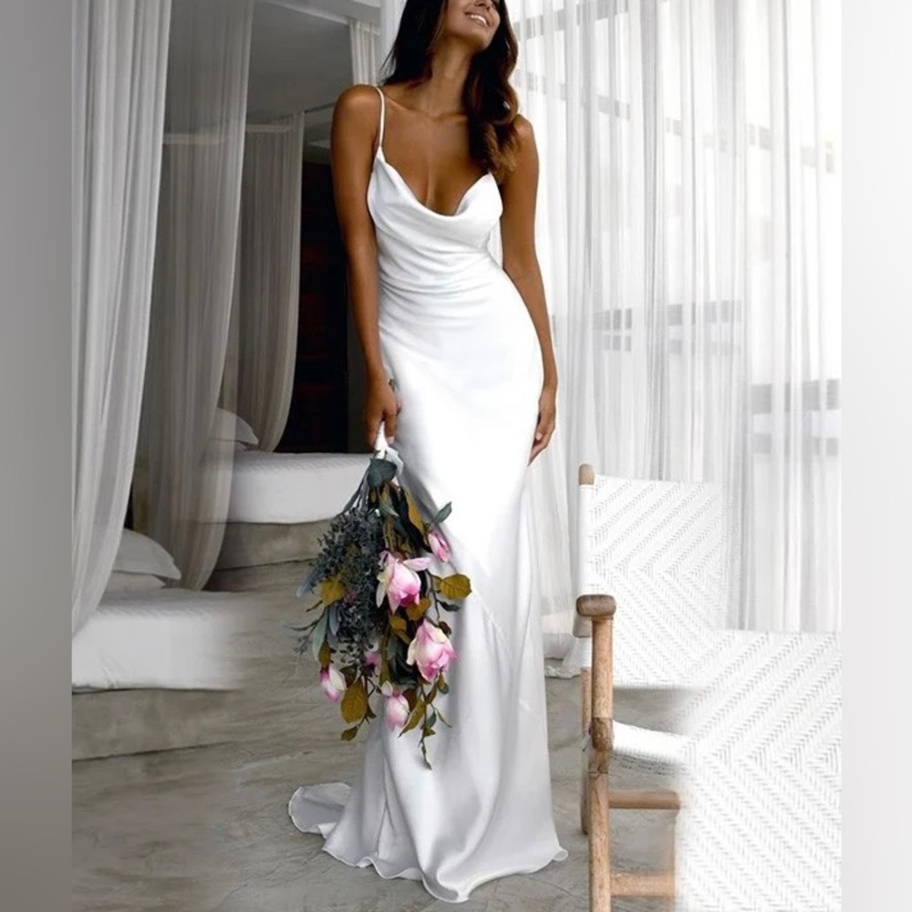 Sheath Woven Satin Ruched Spaghetti Straps Brush Train Sleeveless Wedding Dress